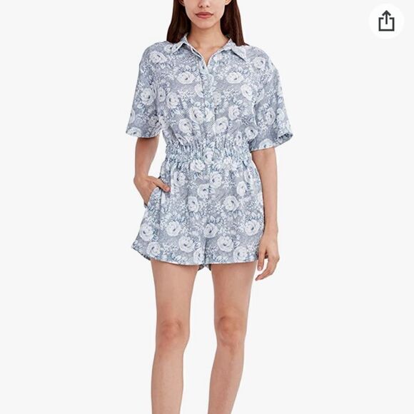 BCBGeneration Blue White Floral Stripe Short Sleeve Collar Button Down Romper L - Picture 2 of 10